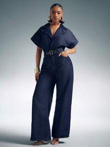 Denimoi Wide Leg Short Sleeve Collared Denim Jumpsuit Fashionable Denim Brunch Outfits Wide Leg Denim - Dark Wash - View 4