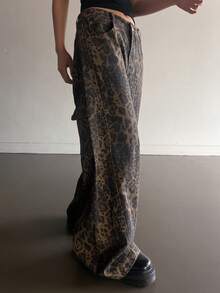 DAZY Women's Casual Loose Straight Leg Jeans, Distressed Leopard Print Design, Relaxed Vacation Style, Spring/Summer - Brown - View 5