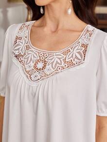 PalaceNights Palace Style Women's White Embroidered Hollow Collar Puff Sleeve Blouse, Lace Patchwork Backless Design, Loose Fit, Suitable For Daily Wear - White - View 3