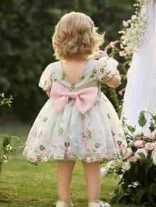 Baby Girl's Elegant Flower-Embroidered Net Ruffled Back Three-Dimensional Bow Dress In Summer, Princess Dress, Birthday Dress, Party Dress, Wedding Season, Flower Girl Dress - Green - View 7