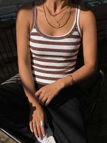 Livesso Áo tank top nữ công sở kẻ sọc mới cho lễ hội mùa hè - Cà phê nâu - Xem 2