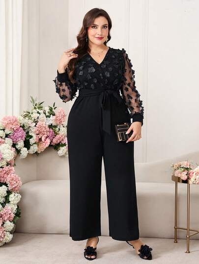 Ellevyn 大码女士时尚优雅V领系带长袖连体裤