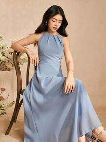 Đầm dài màu xanh dương trơn, thanh lịch, tối giản dành cho thiếu nữ, kiểu dáng duyên dáng và thướt tha, thích hợp cho mọi mùa. - Màu xanh lam - Xem 1