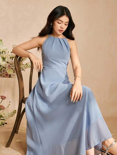 Teen Girl Elegant Minimalist Fashion Elegant Lady Round Neck Sleeveless High Waist Long Solid Blue Chiffon Dress, Suitable For Teenagers, Graceful And Flowing, Suitable For All Seasons