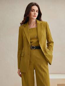 Anewsta 商务休闲复古风女士西装套装，美拉德印花西装外套+直筒裤，两件套 - 薑色 - 查看 4