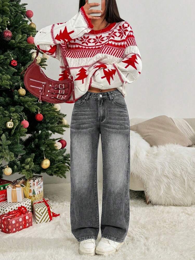 SHEIN PETITE Quần jean ống rộng dáng rộng, đa năng dành cho nữ, có túi. - Xám - Xem 5