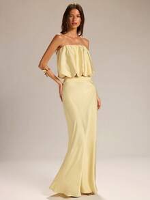 SHEIN BAE 黄色无肩带泡泡袖缎面上衣和黄色鱼尾裙两件套，缎面两件套，黄色两件套，婚礼宾客两件套，约会之夜两件套，毕业典礼两件套 - 黃色 - 查看 3