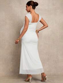 MaterniChic Pregnant Women Solid Color Pleated Elegant Party Dress - White - View 2
