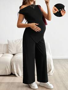 SHEIN 2 pezzi/set Maternità, top a spalle scoperte con orlo irregolare in colore unito e pantaloni a vita regolabile con gamba ampia, per uso casual quotidiano - nero - Visualizzare 1
