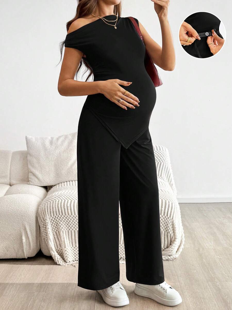 SHEIN 2 pezzi/set Maternità, top a spalle scoperte con orlo irregolare in colore unito e pantaloni a vita regolabile con gamba ampia, per uso casual quotidiano - nero - Visualizzare 1
