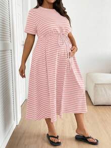 Plussiva 大码孕妇条纹圆领系腰休闲度假日常连衣裙 - 粉色 - 查看 10