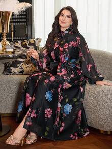 Modelyn Floral Print Stand Collar Long Sleeve Loose Regular Dress, Plus Size, Spring/Autumn - Multicolor - View 6