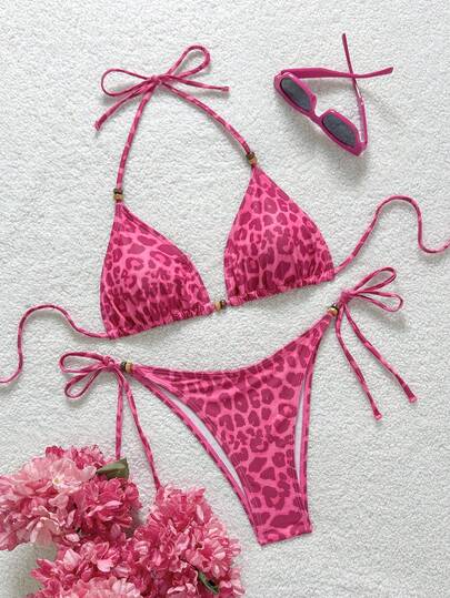 Soleia 女士豹纹撞色系带串珠装饰比基尼两件套，度假装