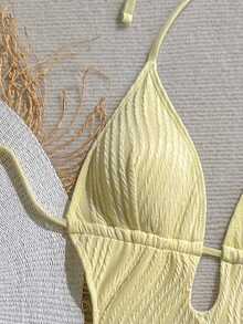 Soleia 女士橄榄绿针织提花纹理V领露背挂脖连体泳衣，海滩度假 - 黃色 - 查看 4