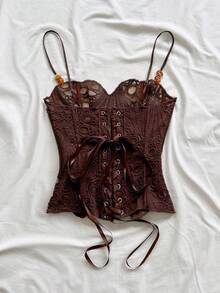 Soleia 春夏新款休闲度假西式海滩婚礼宾客礼服毕业早午餐女装，适合圣帕特里克节、春假、复活节、音乐节等场合，优雅波西米亚热带风情无袖上衣，饰有纹理串珠，露背系带设计，约会装 - 棕色 - 查看 2