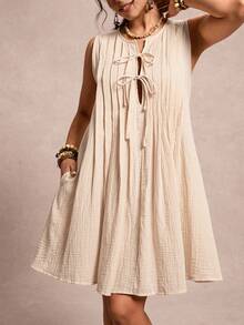 Freevana Bohemian Sleeveless Pleated V-Neck Drawstring Loose A-Line Dress, Minimalist Relaxed Linen Casual Short Dress, Summer - Apricot - View 4