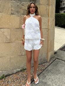 Aloruh Women's Solid White Halter Neck Shell Top And Long Pants 2 Pieces Set, Spring/Summer - White - View 7