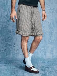 ROMWE MEN Street Life Men's Fine Plaid Drawstring Waist Pocket Ruffle Hem Casual Shorts - Black - View 1