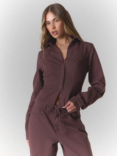 MUSERA Fitted Hook Eye Detail Cinched Seams Long Sleeve Denim Jacket Streetwear Cute Classy Casual Sexy Going Out Fall Autumn Toffee Chic