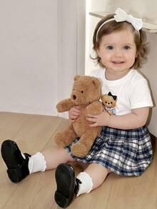 Souflis Souflis 2pcs/Set French Style Casual School Girl White Round Neck Cute Bear Graphic T-Shirt & Khaki Plaid Skirt Outfit, Suitable For School, Leisure, Home And Other Occasions, Girls - Multicolor - View 3