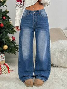 SHEIN PETITE Casual Washed Loose Straight Leg Jeans - Medium Wash - View 4
