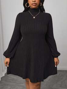 Truni Plus Size Solid Color Stand Collar Long Sleeve Minimalist Short Casual Dress, For Pear Triangle Body Shape - Black - View 4