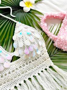 Soleia 女士串珠露背流苏针织上衣，适合度假、约会、下午茶、海滩、邮轮、城市旅行、婚礼季、音乐节、波西米亚风假期等场合。 - 彩色 - 查看 3