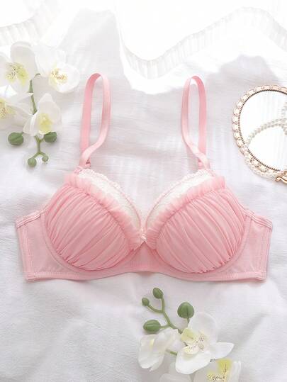 粉色蕾丝拼接钢圈文胸，高支撑、提拉、聚拢，优雅迷人女士内衣