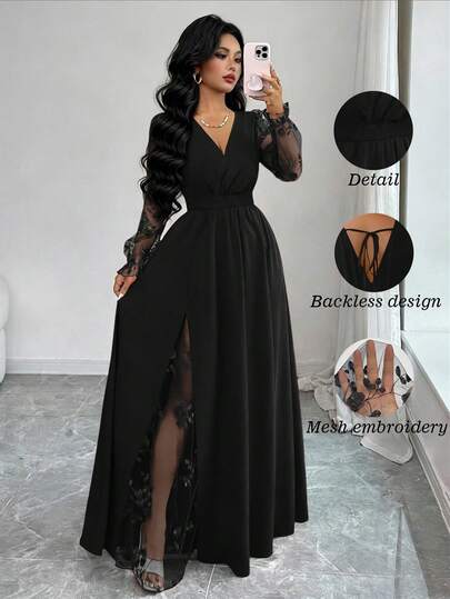 Elenzga Vestido elegante de mujer con cuello en V profundo, parche de encaje, manga larga y abertura alta, adecuado para graduación, vacaciones, Día de San Valentín, festivales de música, Día de la Madre, Acción de Gracias, Pascua, Día Nacional, bailes, citas, fiestas, bodas, actividades al aire libre, primavera/verano