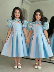 SHEIN 年轻女孩修身优雅镂空腰部A字连衣裙，配立领 - 藍色 - 查看 3