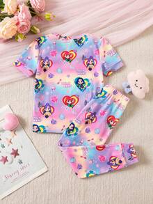 SHEIN Young Girl Letter & Cartoon Character Print Short Sleeve Top And Pants Pajama Set - Multicolor - View 2