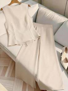 Franclia Women's Casual Fashionable Young Minimalist Versatile Commuting Sleeveless Vest With Drawstring Waist & Bow Tie, Straight Leg Pants 2-Piece Set, Spring/Summer Cream Outfit Women Cream Two Piece Set Elegant Two Piece Set Beige Two Piece Set Sets For Women Elegant - Apricot - View 2