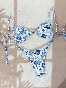 Swim Vcay 2026 Spring/Summer Adjustable Spaghetti Strap White Base Blue Underwater World Side High-Cut Pearl Buckle Splice Women Vacation Bikini Set Bikini Set Vacation Cute Bikini Seashell Bikini - Blue - View 2