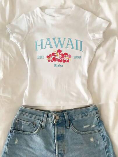 Teen Girl Fitted Floral Hawaii Print Short Sleeve T-Shirt, Casual Comfortable Fashionable Versatile Crop Top For Daily Wear, Outing, School