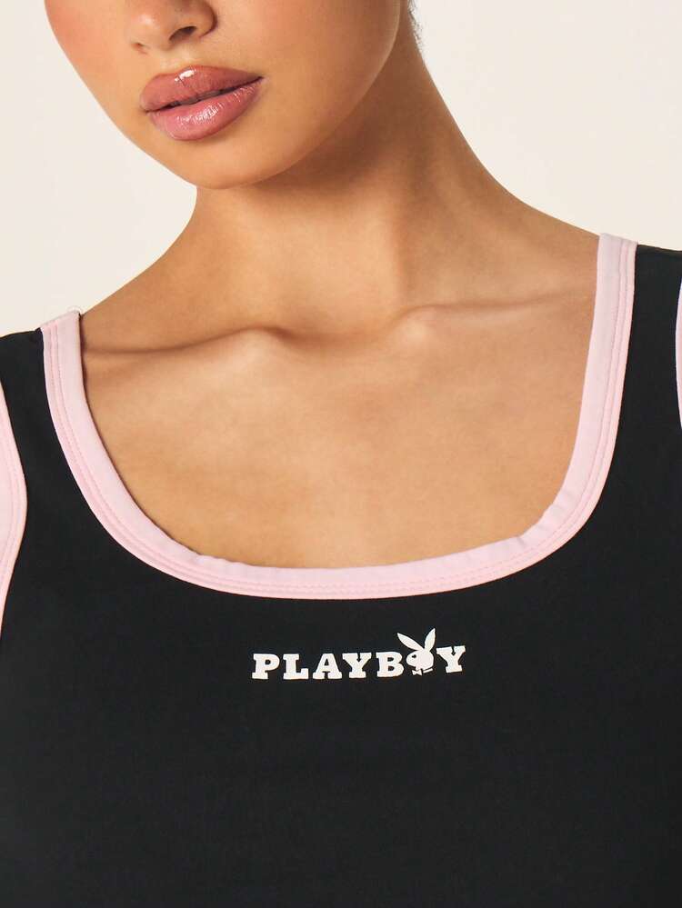 Missguided x Playboy Kontrastowy top z kwadratowym dekoltem i wiązaniem, żebrowany top bez rękawów, letni, podstawowy, warstwowy, niezbędny, swobodny, dopasowany, krótki fason