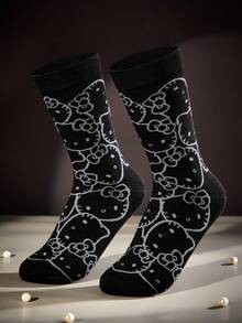HELLO KITTY AND FRIENDS | SHEIN 1  Pair Soft & Breathable Moisture-Wicking Casual Women Mid-Calf Socks With Cat Pattern Fashionable Cute Cartoon Black Crew Socks Reinforced Toe & Heel For Durability All Season All-Match Summer Winter,Graphics Socks - màu đen - Xem 6