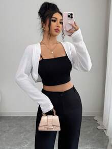 SHEIN Elenzya Chaqueta corta ligera de manga larga con hombros caídos y unicolor para mujer - Blanco - Ver 7
