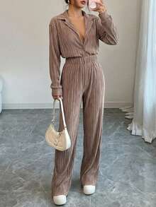 EURMUSE Lapel Neck Drop Shoulder Shirt & Pants - Dusty Pink - View 4