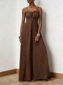 Zivah 2026春夏U型金属扣前褶皱腰部抽绳连衣裙，竖条纹纹理面料，休闲度假连衣裙，深棕色 - 摩卡棕 - 查看 8
