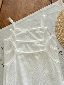 SHEIN 女婴休闲简约纹理针织纯色吊带开裆三件套连体衣 - 白色 - 查看 9