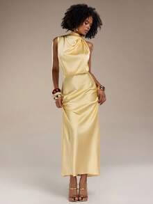 Normani Elegant Modest Asymmetric Sleeveless Pale Yellow Dress Minimalist Formal Gown For Party Date Night Cocktail Wedding Birthday Satin Long Summer Wedding - Light Yellow - View 4