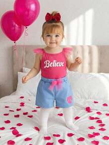 Sparklyn Baby Girl Splicing Mesh Sleeve Slim Fit Top, Denim Effect Print Pattern Shorts Set - Multicolor - View 1