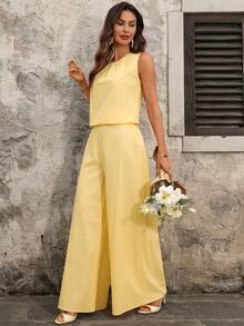 Ellevyn Women's Elegant Loose Camisole & Wide Leg Pants Gold Foil Printed 2 Pieces Set, Suitable For Wedding, Party Vacation Outfits Women - Yellow - View 4