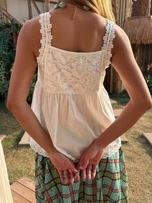 DAZY Áo hai dây nữ dáng chữ A buộc dây phối ren, thích hợp cho kỳ nghỉ hè. - trắng - Xem 2