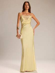 SHEIN BAE Spring/Summer Solid Yellow Satin Lace Slip Dress, Elegant Mermaid Silhouette Solid Yellow Dress Wedding Guest Dress Date Night Dress Everyday Wear Dress Graceful Dress - Yellow - View 3