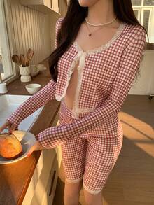 DAZY 两件套女士休闲格子撞色系带上衣和修身裤套装 - 紅色 - 查看 1