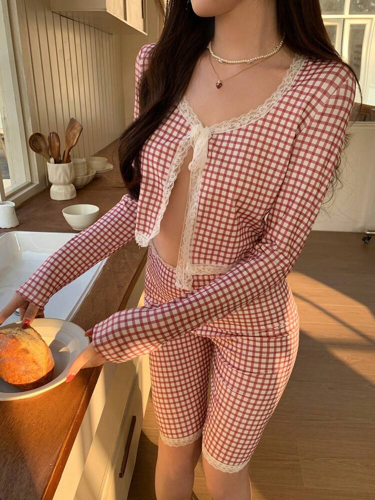 Women's Spring/Summer Red Plaid Collegiate Style Jacket And Shorts Set, Elegant For School, Valentine's Day, Wedding, Party, Commute