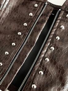 StreetHx Vintage Rivet Sleeveless Vest, Round Neck, Waist Cinched Jacket, Spring/Summer - Brown - View 8