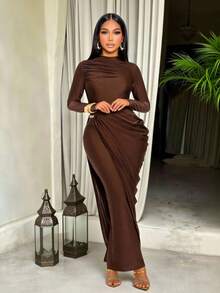 SOLERSUN Sexy Elegant Kink Decorative Buckle Side Stacked Pleated Fake Two-Piece Party Dress - Coffee - View 1