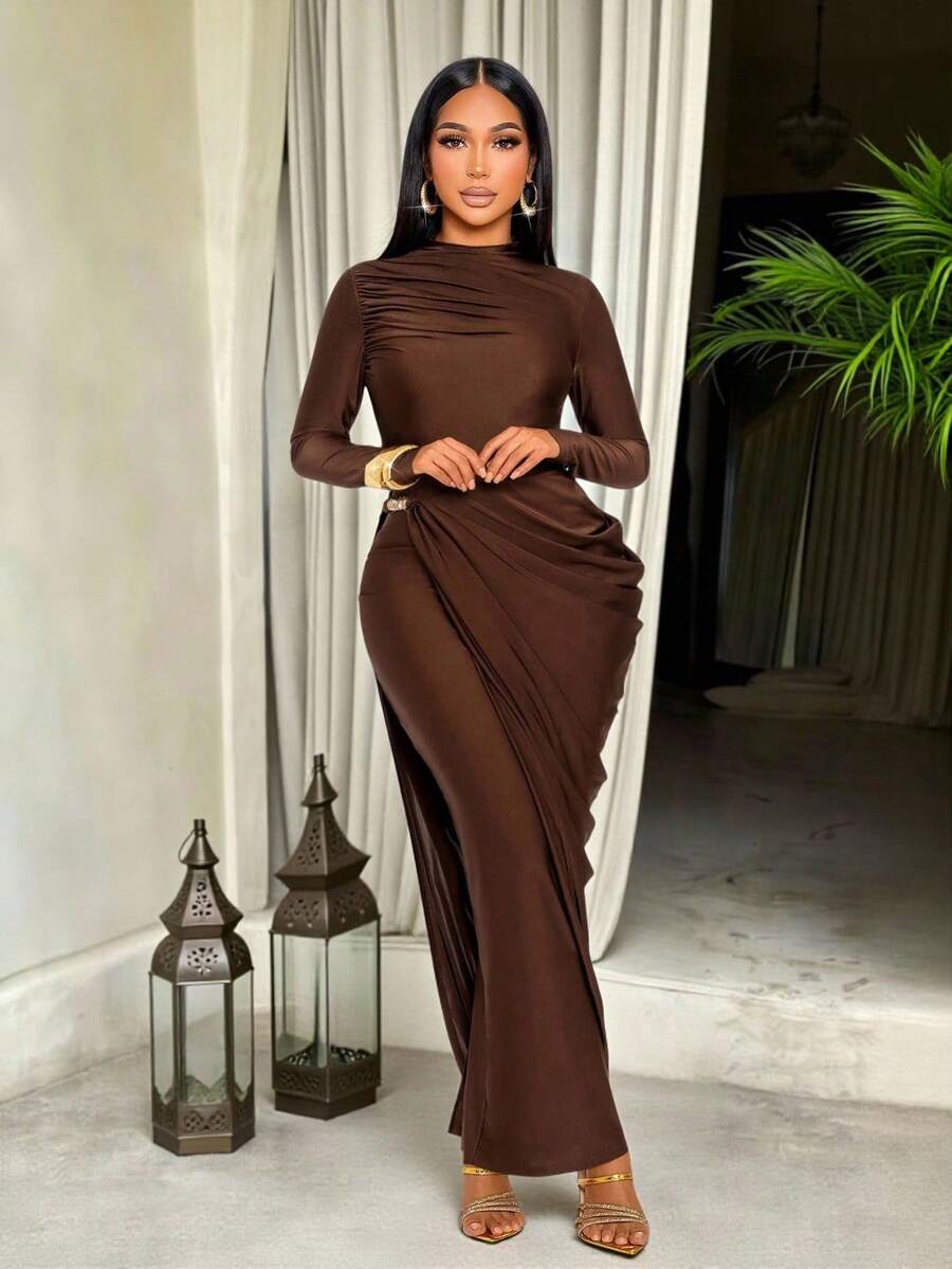 SOLERSUN Sexy Elegant Kink Decorative Buckle Side Stacked Pleated Fake Two-Piece Party Dress - Coffee - View 1